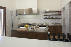A modern kitchen with a central island, stainless steel appliances, wooden cabinets, and patterned backsplash. - Feudo del Biviere (Santa Ninfa)