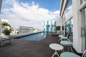 Una piscina al aire libre, sombrillas, sillones reclinables de piscina