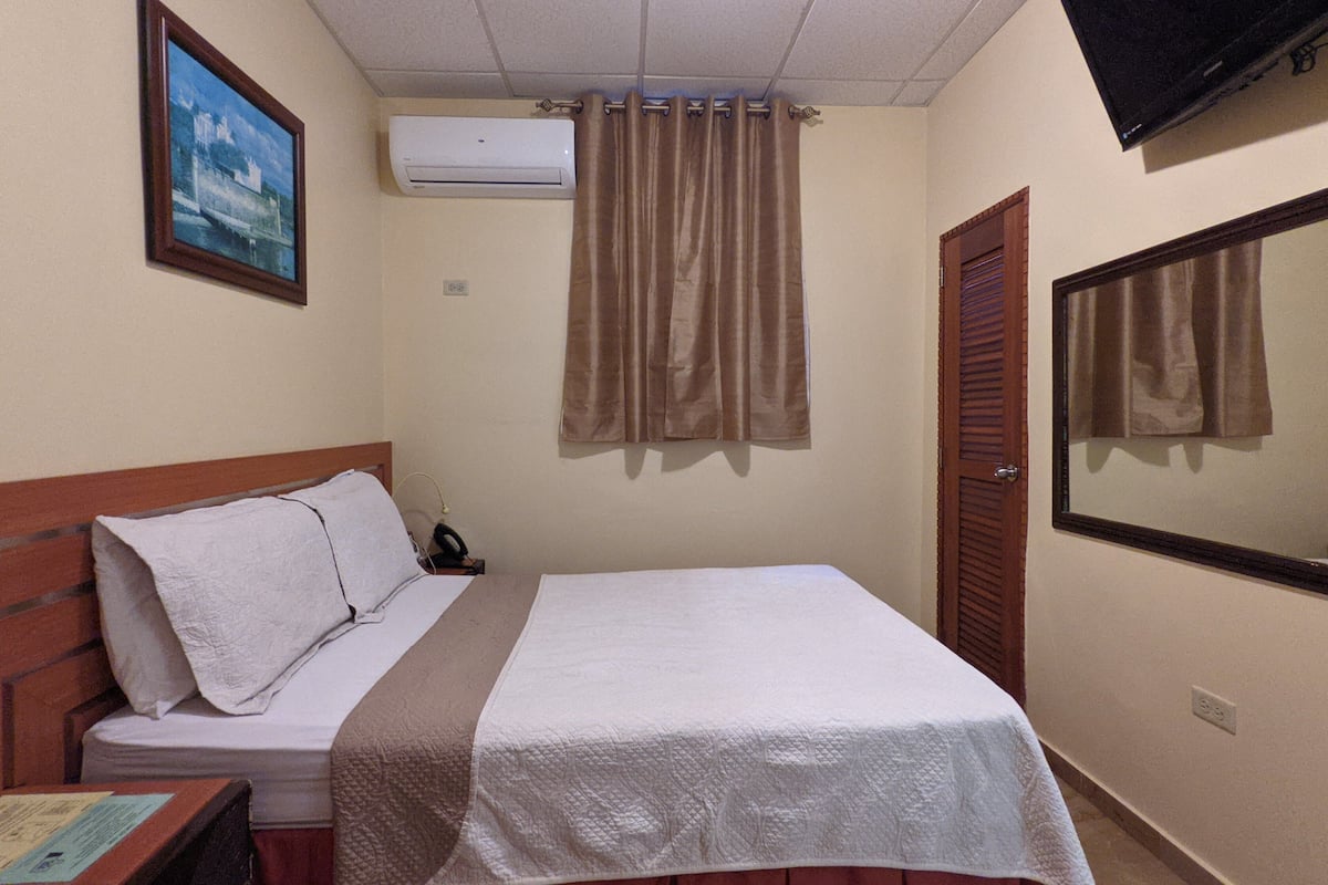A bedroom with a bed, a nightstand, a mirror, a window with curtains, an air conditioning unit, and a painting on the wall.