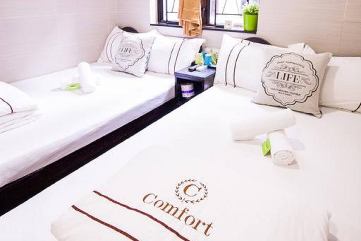 A hotel room with two beds, a window with curtains, a small table with a plant, and a wall-mounted shelf with decorative items.