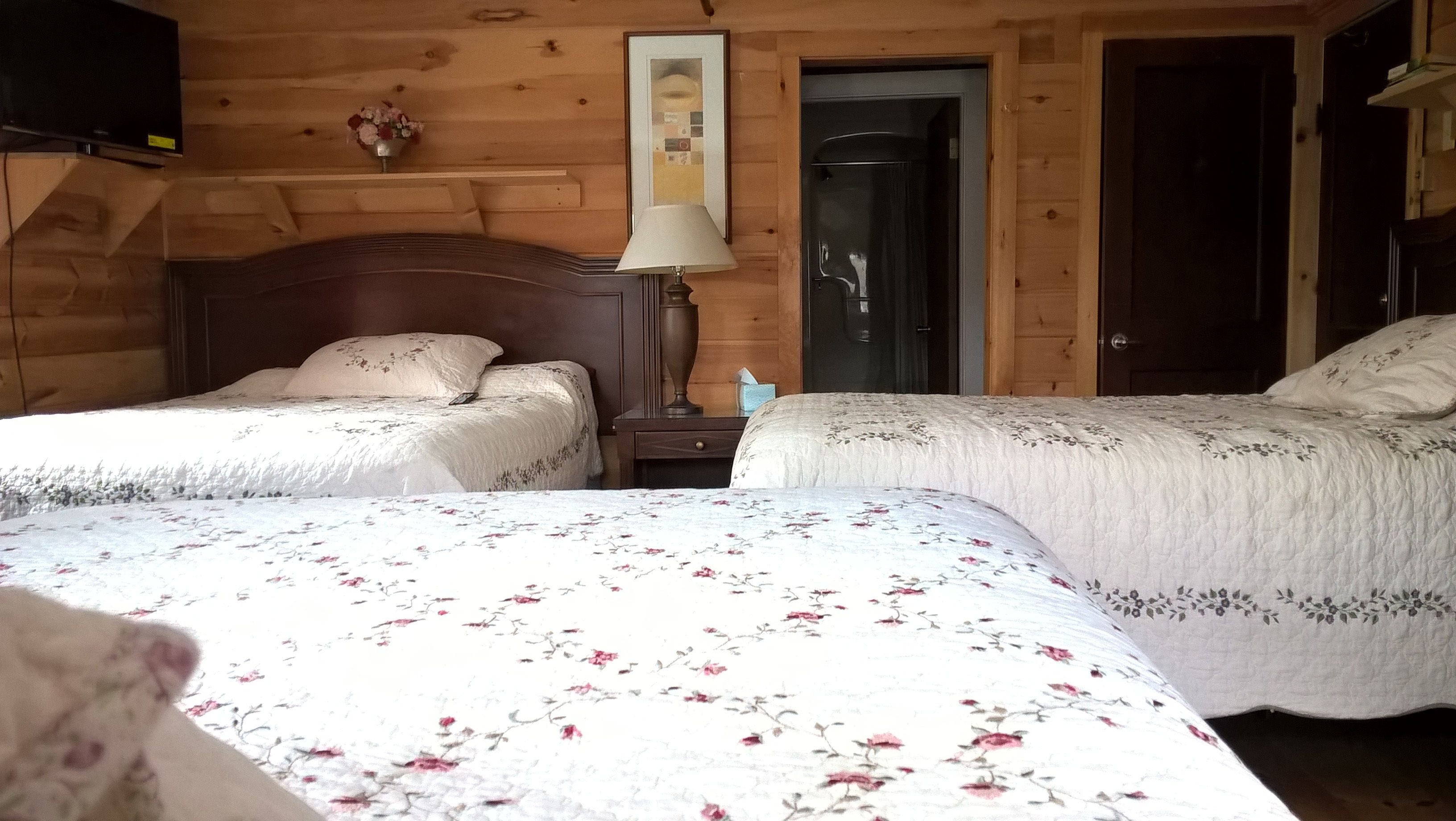 A wooden cabin room with two beds, a nightstand, a lamp, and a framed picture on the wall.