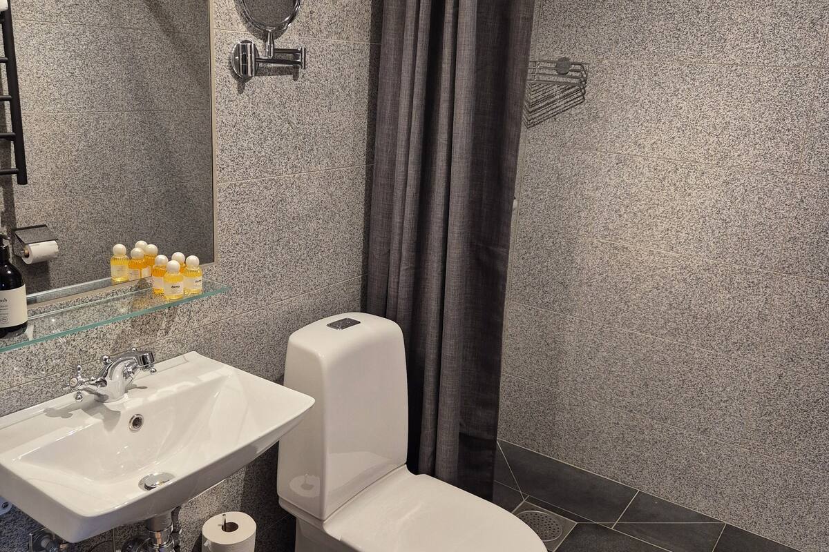 standard double room | bathroom | shower, free toiletries, hair dryer, towels