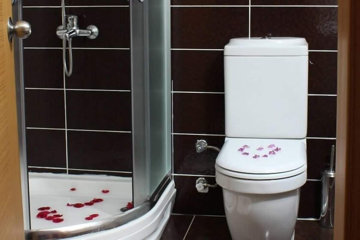 Un baño con ducha de vidrio, inodoro blanco y paredes de azulejos oscuros.