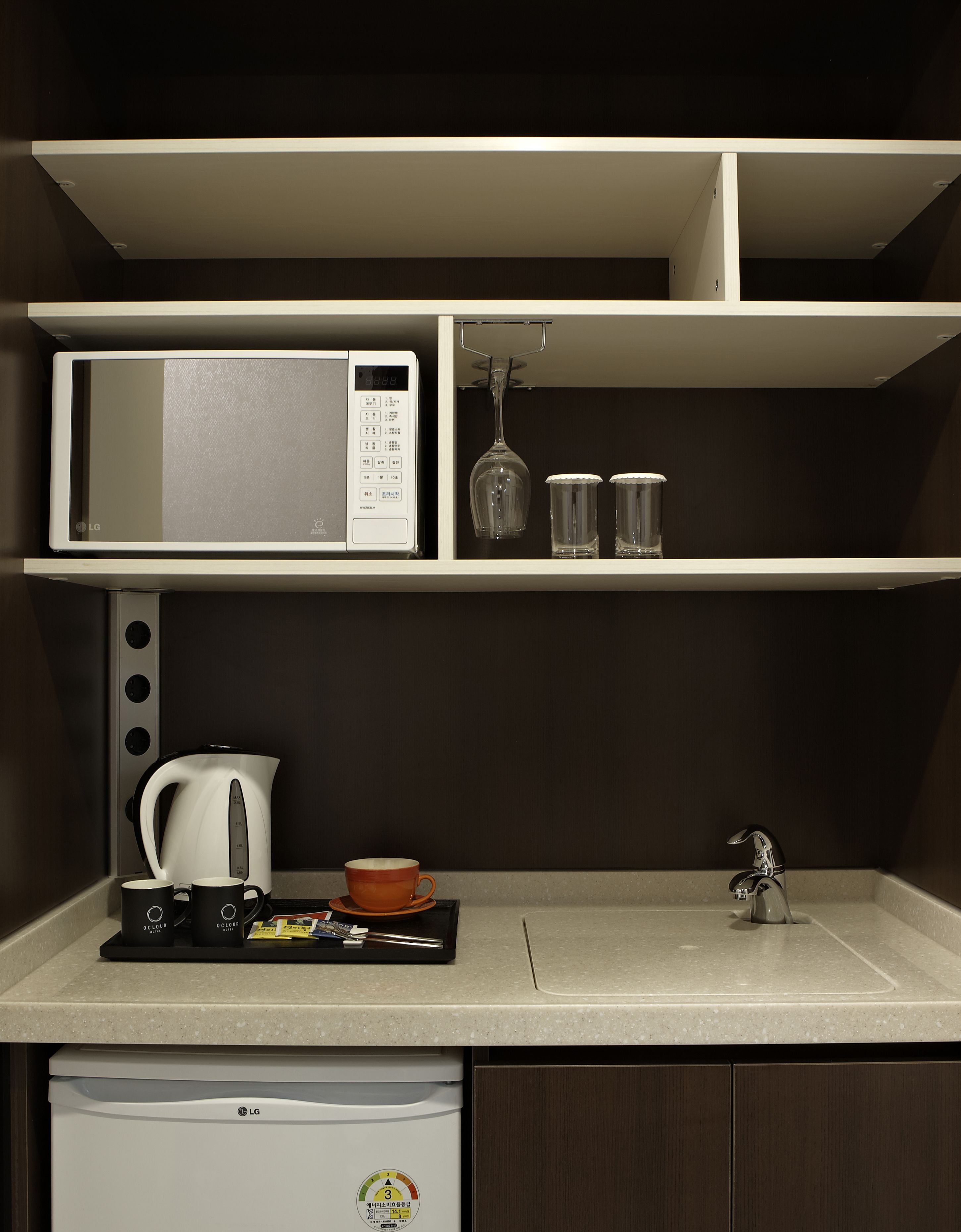 fridge, microwave, electric kettle