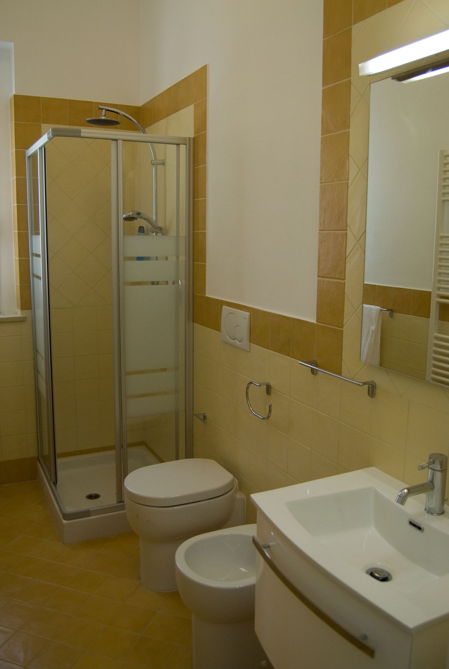 Une salle de bain avec une douche à parois de verre, des toilettes et un lavabo.