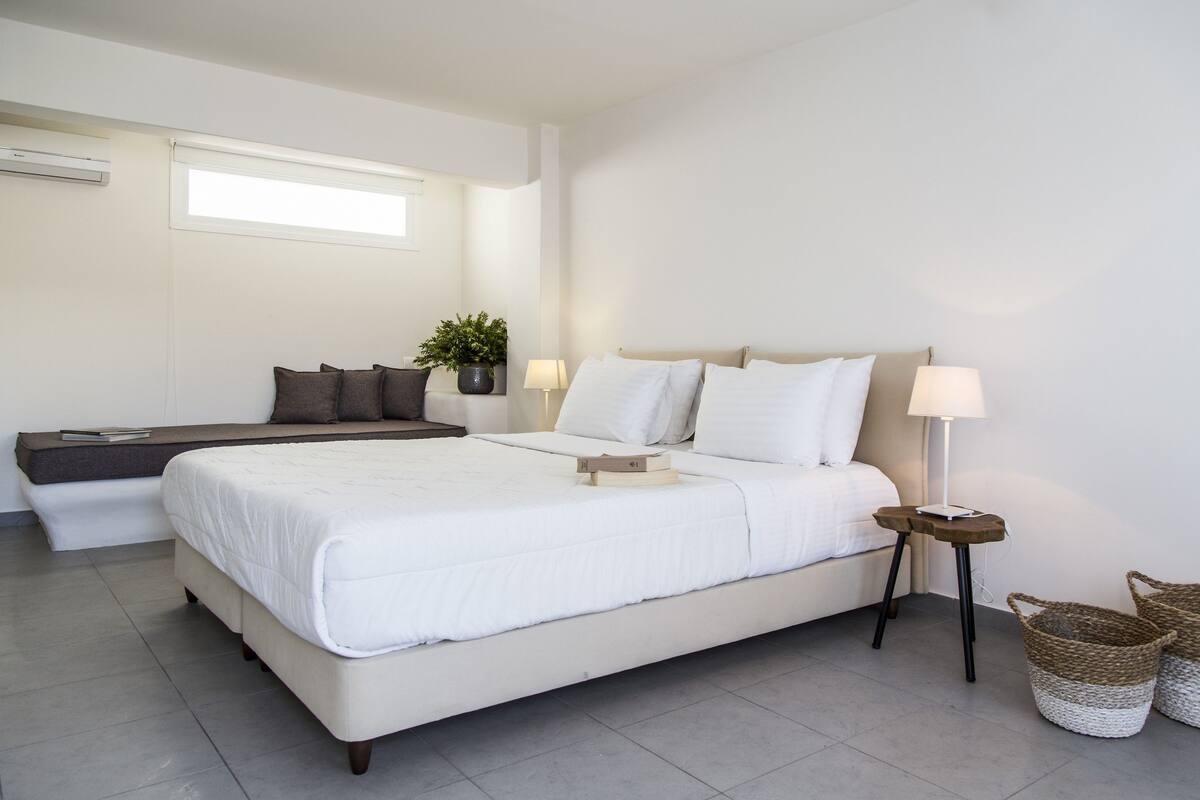A modern bedroom with a large bed, bedside tables, a bench, and a potted plant.