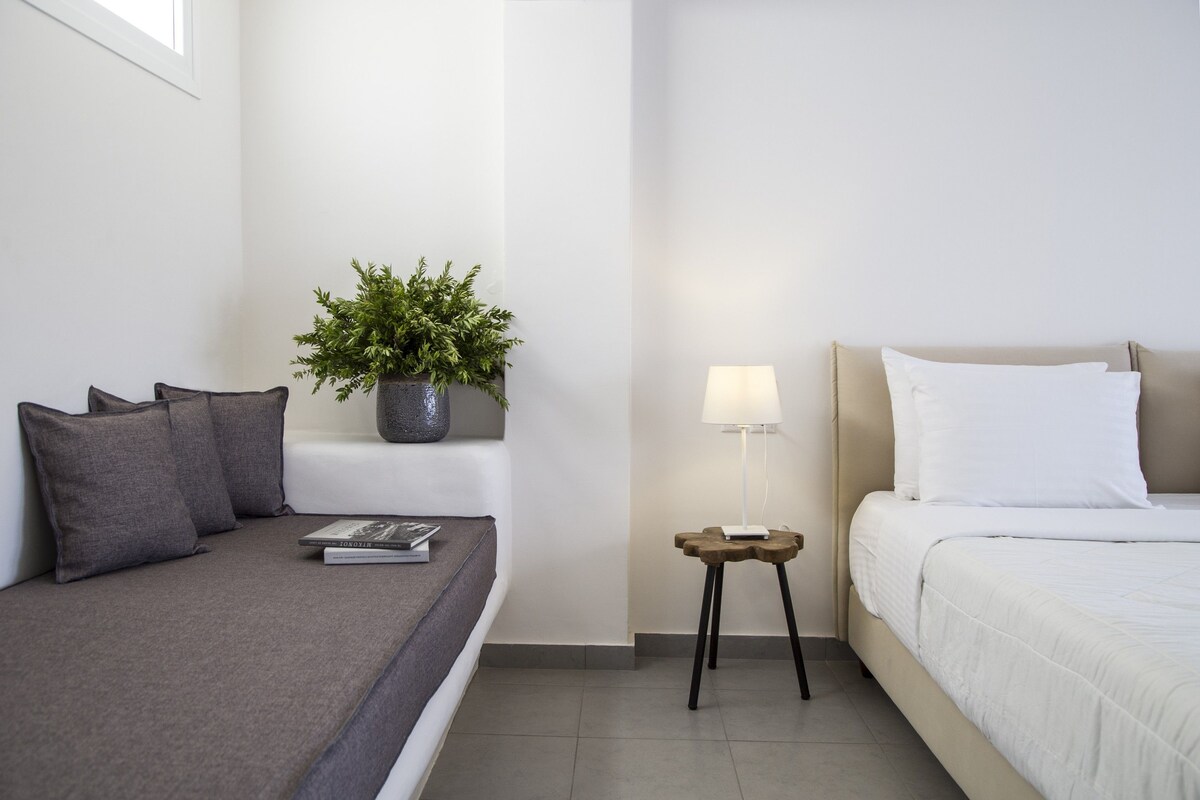 Une chambre d’hôtel moderne avec un lit, un canapé, une petite table avec une lampe et une plante en pot.