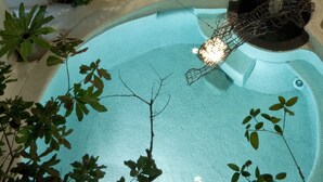 Zona de piscina en la azotea con estructura de concreto, barandilla de seguridad metálica y abundante vegetación.