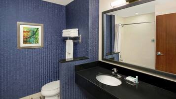 A bathroom with a blue patterned wall, a white toilet, a black sink, and a framed picture on the wall.