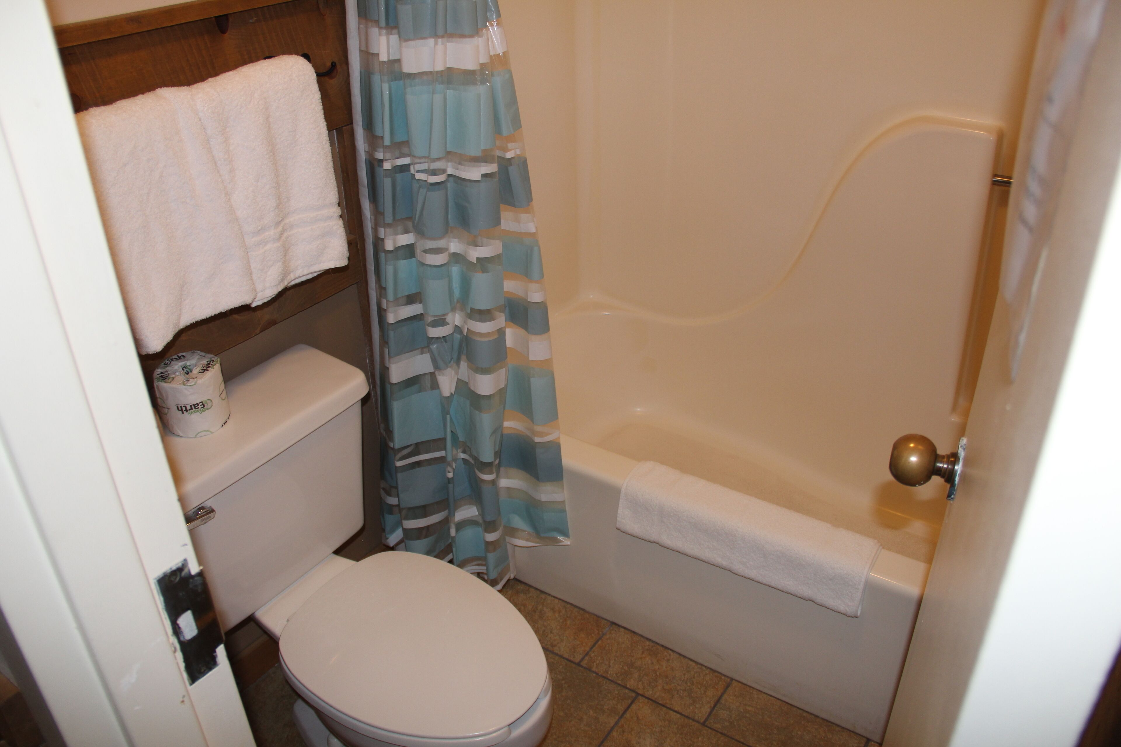 A bathroom with a toilet, a bathtub, and a shower curtain.