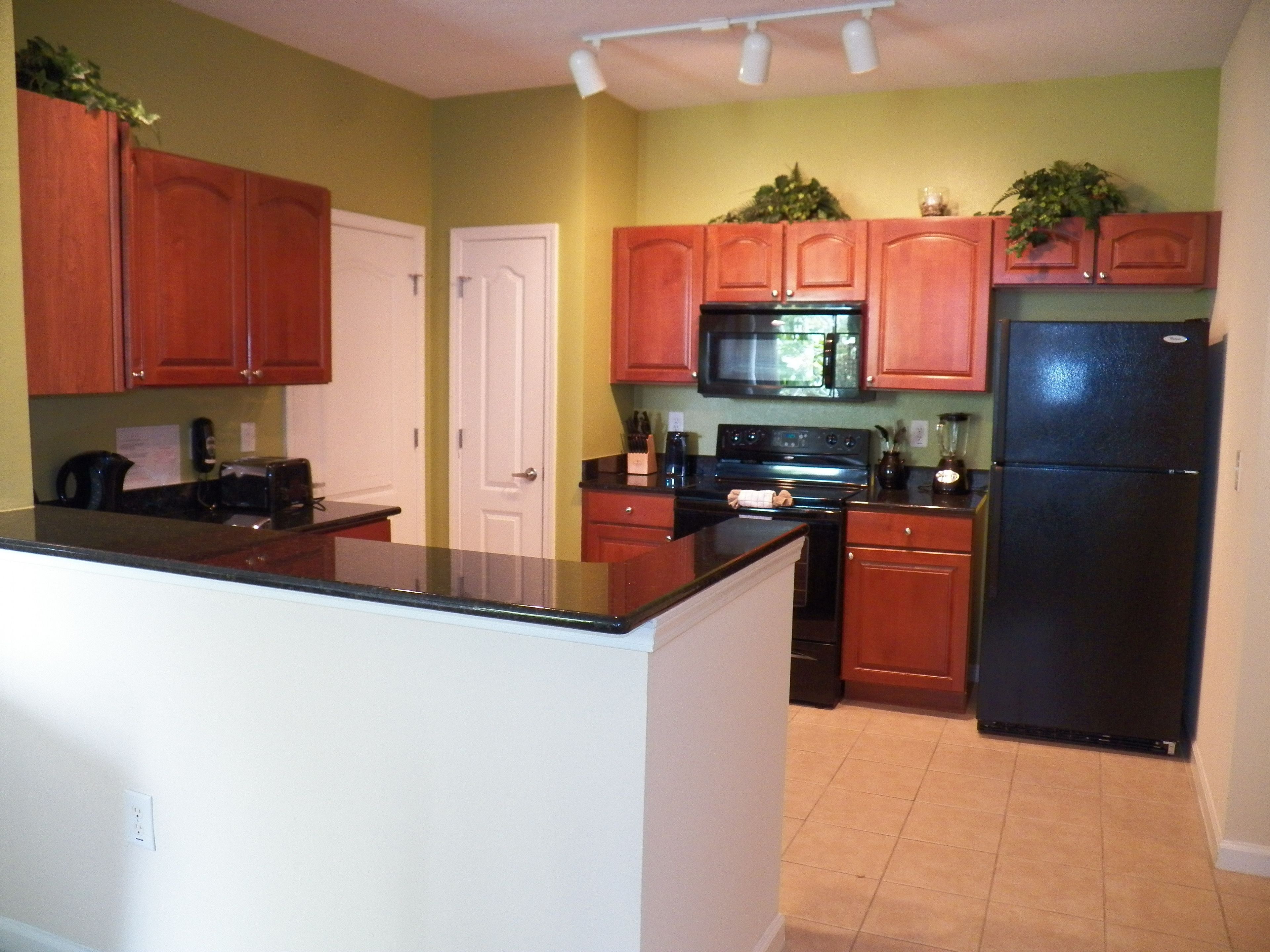 A kitchen with wooden cabinets, a black refrigerator, a microwave, and a stove.