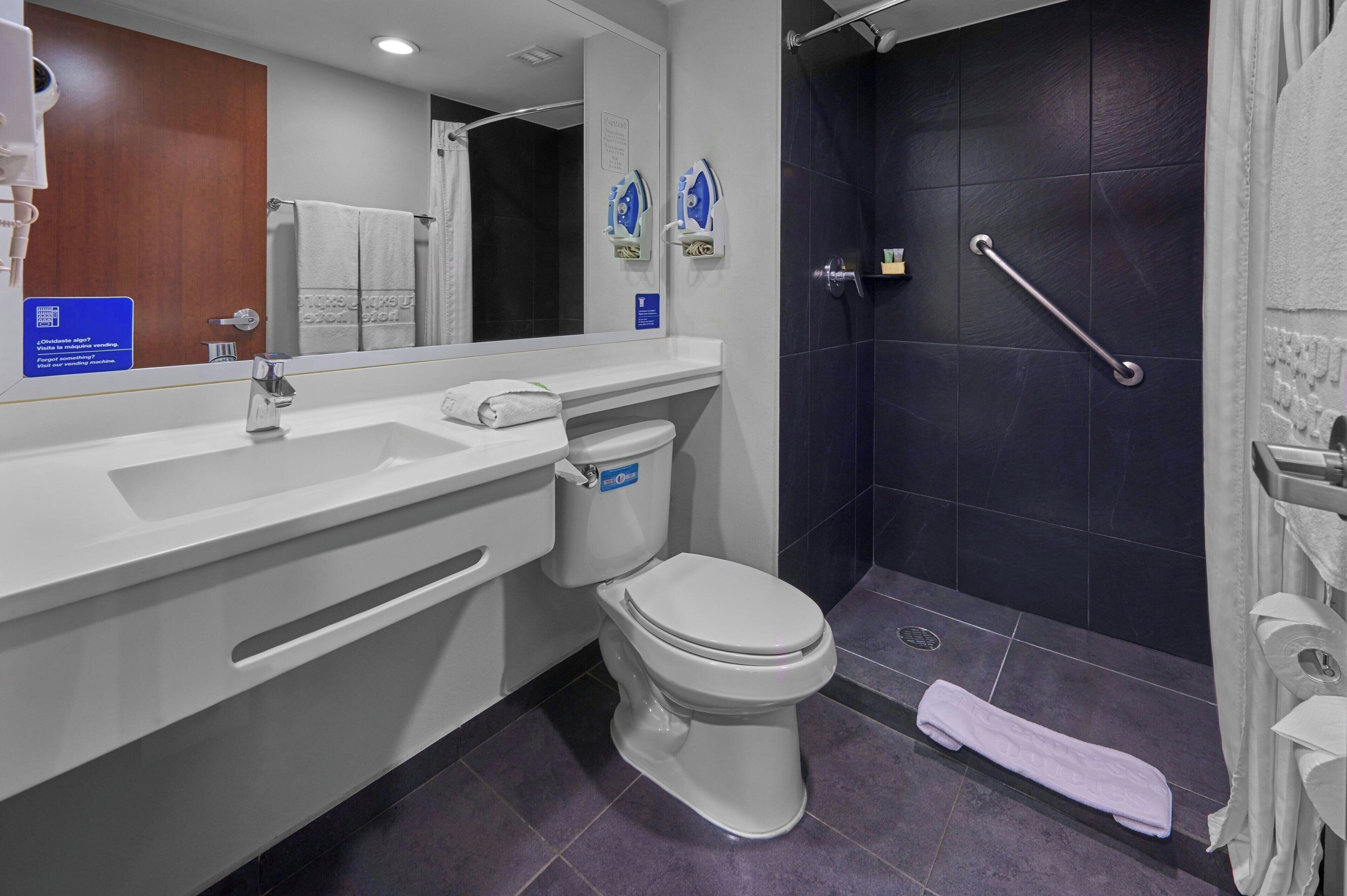 Shower, free toiletries, hair dryer, towels