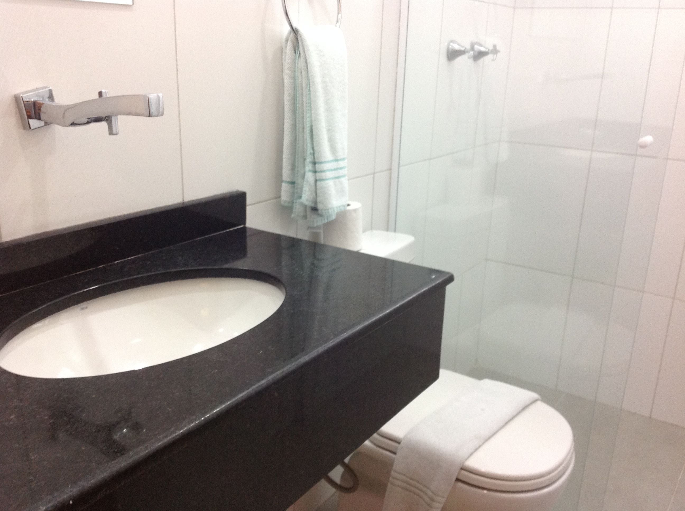 A bathroom with a black sink, white toilet, and a glass shower enclosure.