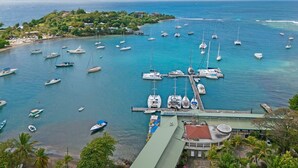 A marina with numerous boats docked, a pier, and a view of the coastline with buildings and greenery.