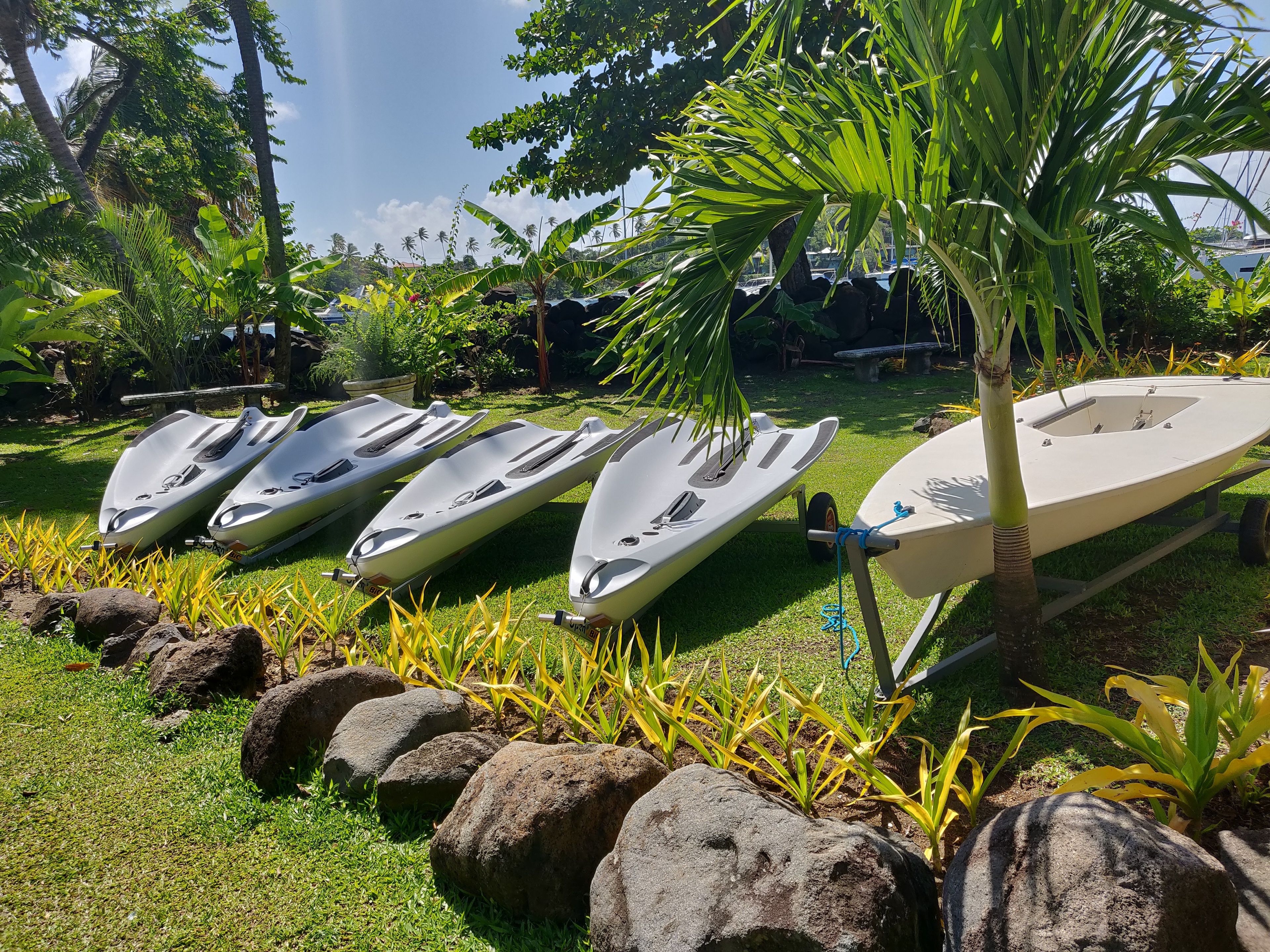 Eine Reihe von Jetskis auf einer Rasenfläche zwischen Felsen und tropischen Pflanzen.