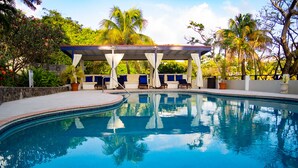 A swimming pool with a covered seating area, surrounded by palm trees and greenery.