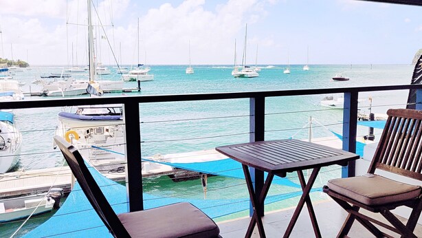 A balcony with a view of a marina, featuring boats and calm waters.
