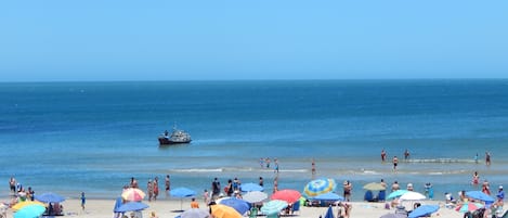 En la playa, sombrillas, toallas de playa y bar en la playa 