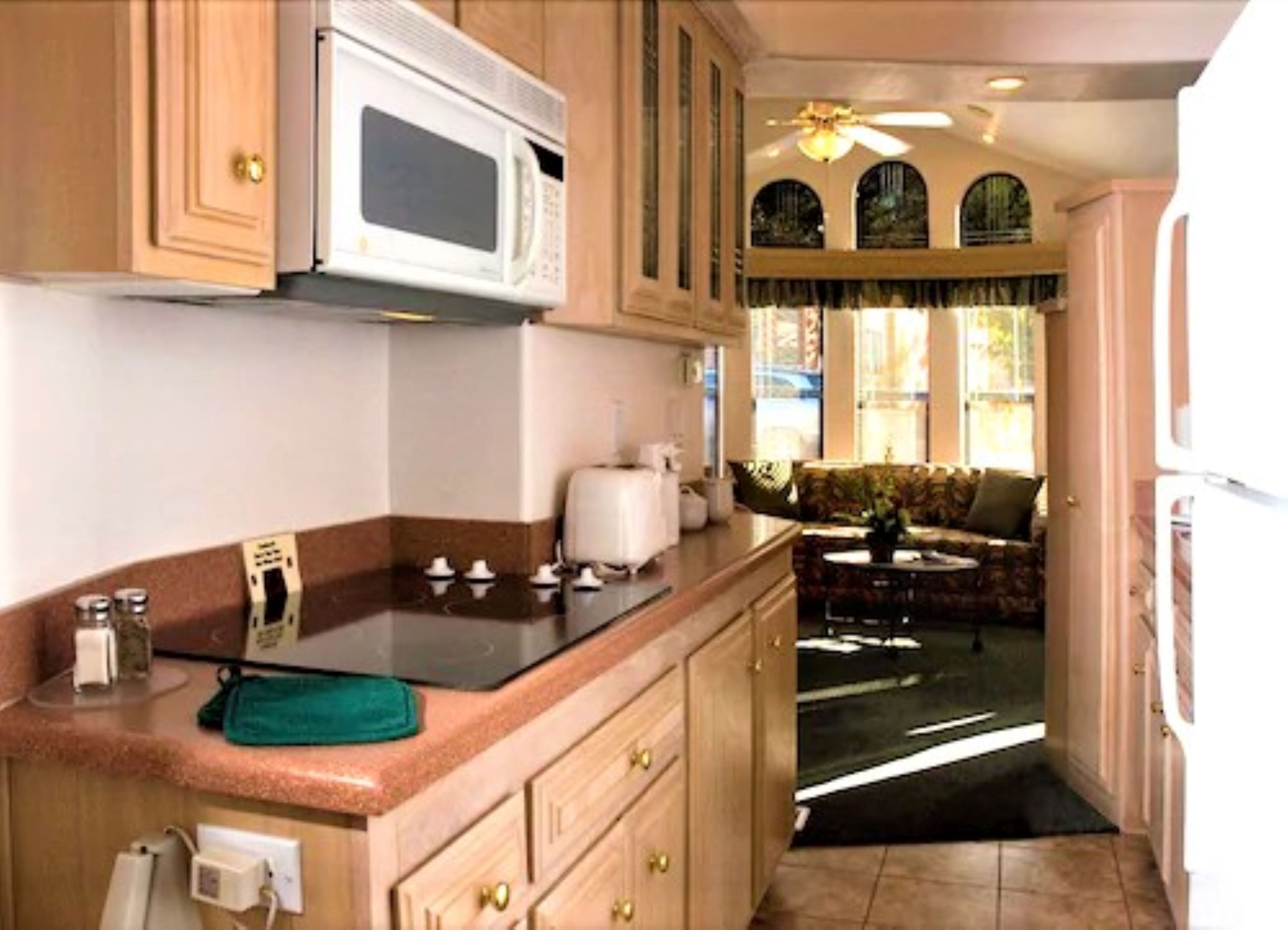 Full-size fridge, microwave, stovetop, dishwasher