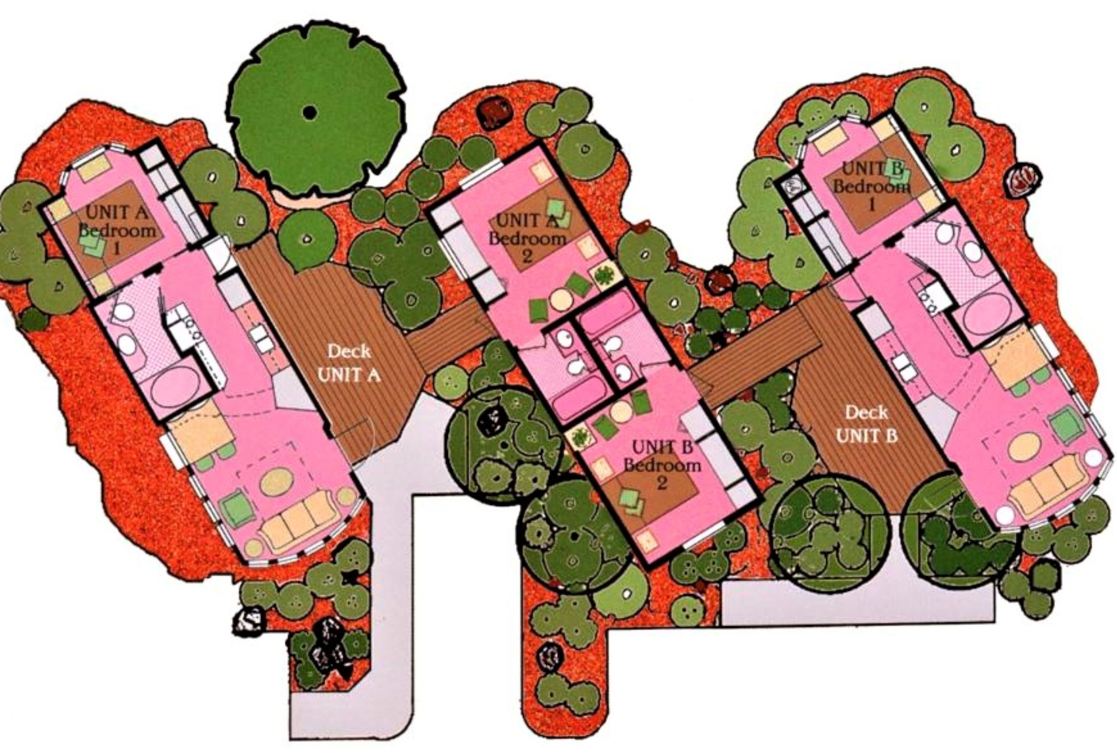A floor plan of a building with two units, each containing a bedroom and a living area, separated by a deck.
