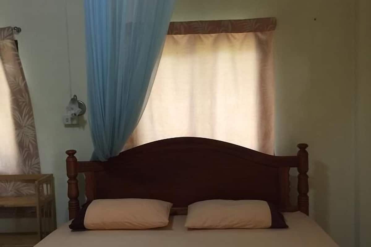 A bed with a wooden headboard, two pillows, a canopy, and a bedside table with a tissue box.