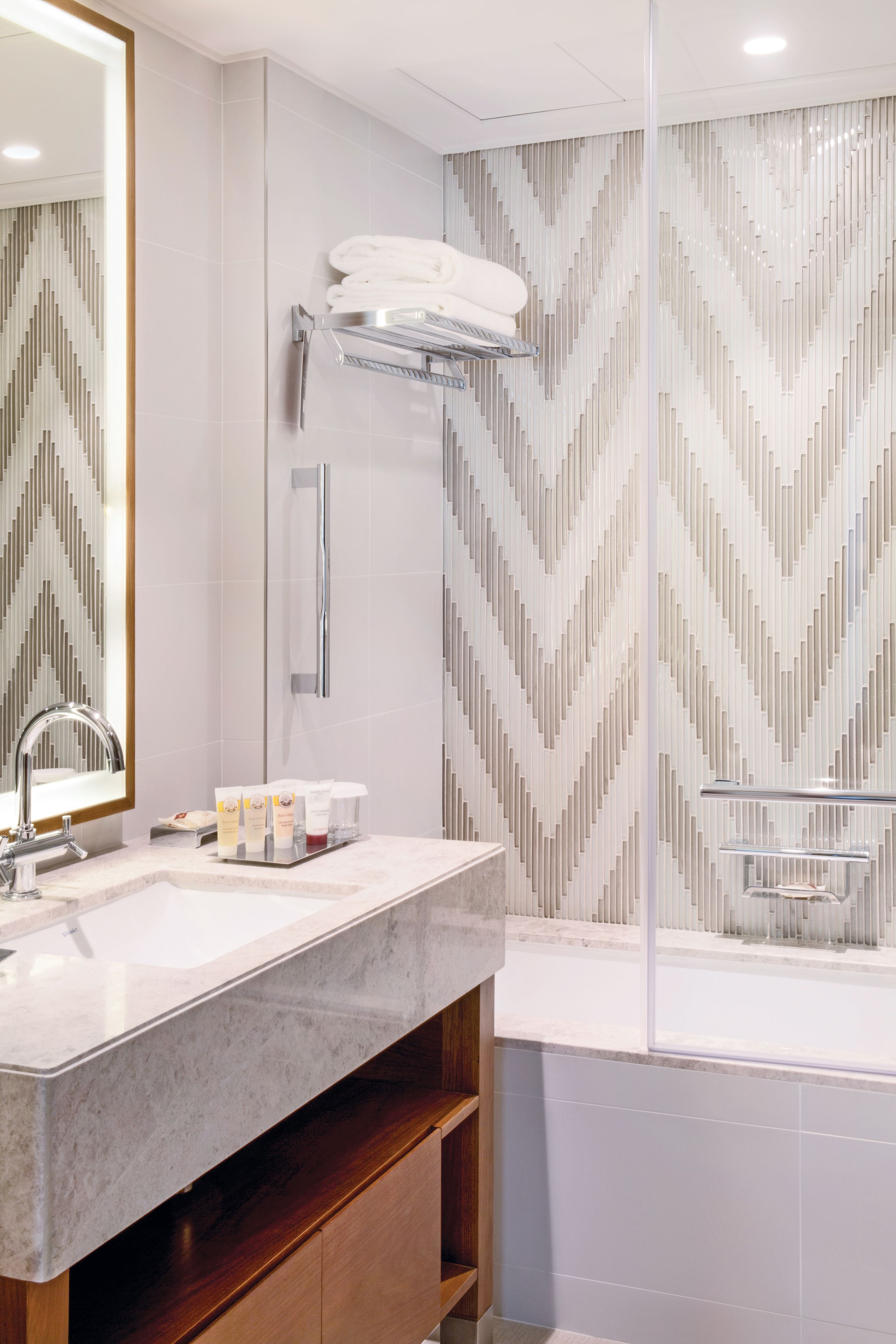 combined shower/bathtub, eco-friendly toiletries, hair dryer, bathrobes