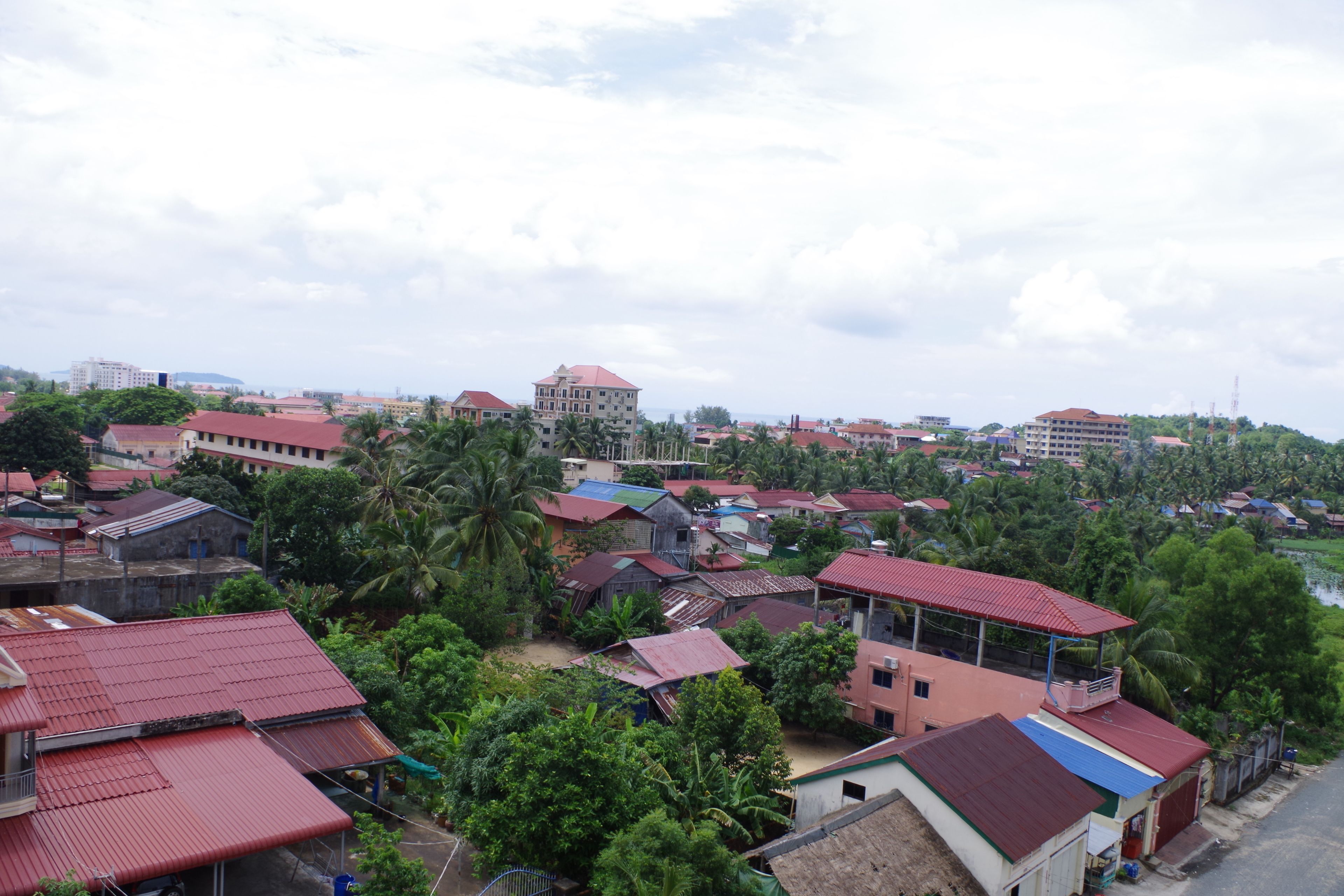 A residential area with houses having red roofs, surrounded by greenery and palm trees.