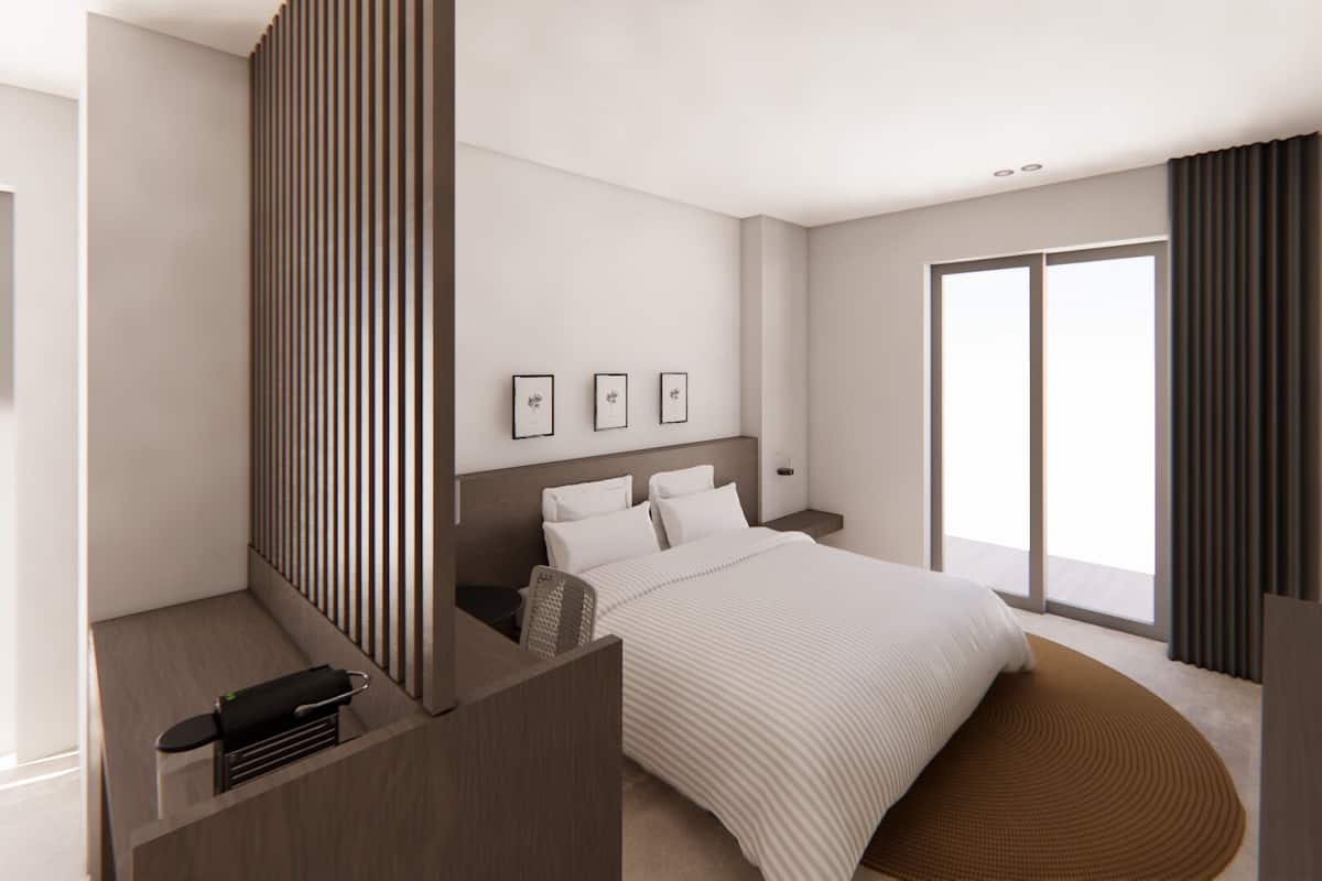 A modern bedroom with a large bed, a bedside table, a TV, and a large window.