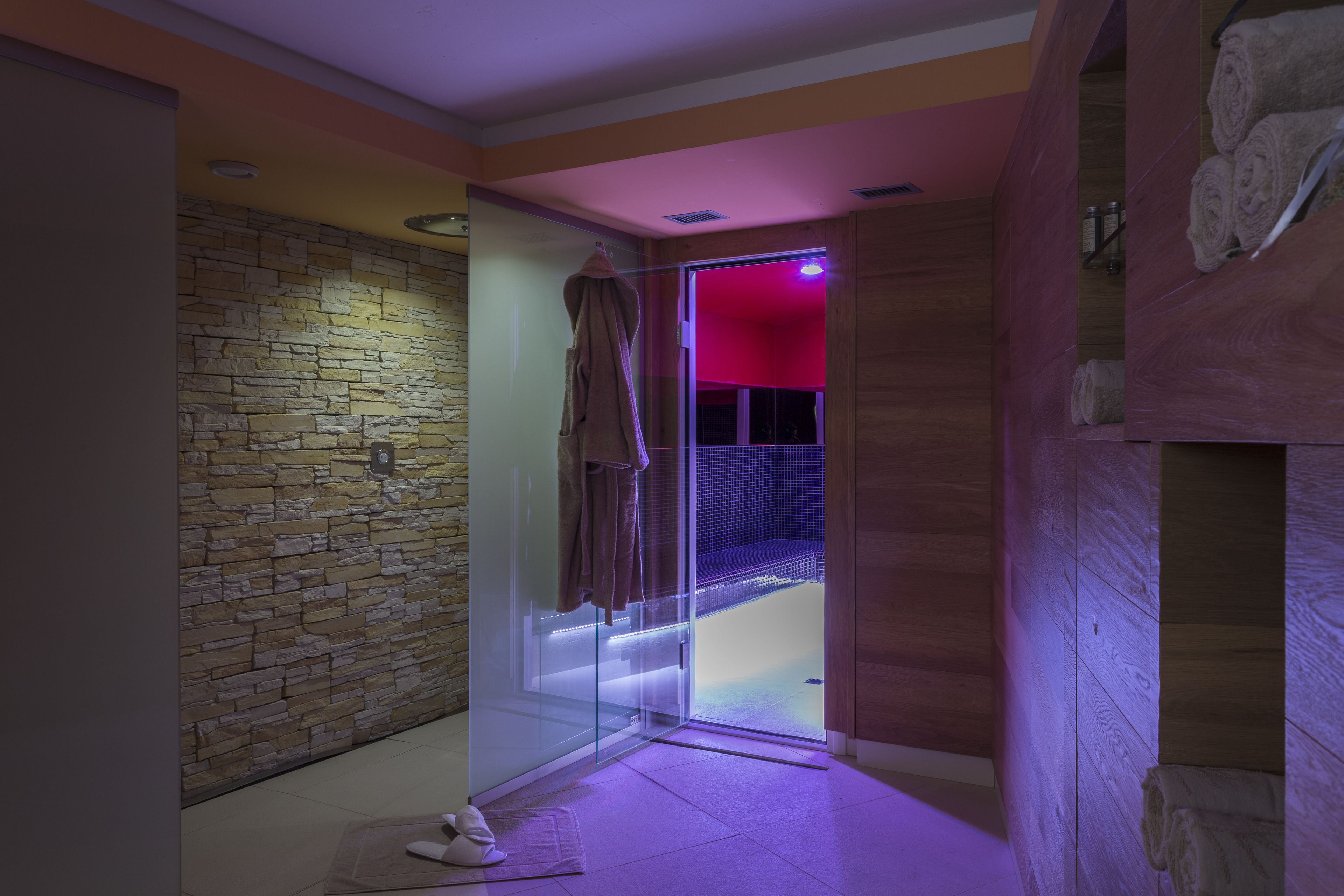 Une salle de bain moderne avec une douche en verre, un mur en pierre et des éléments décoratifs en bois.