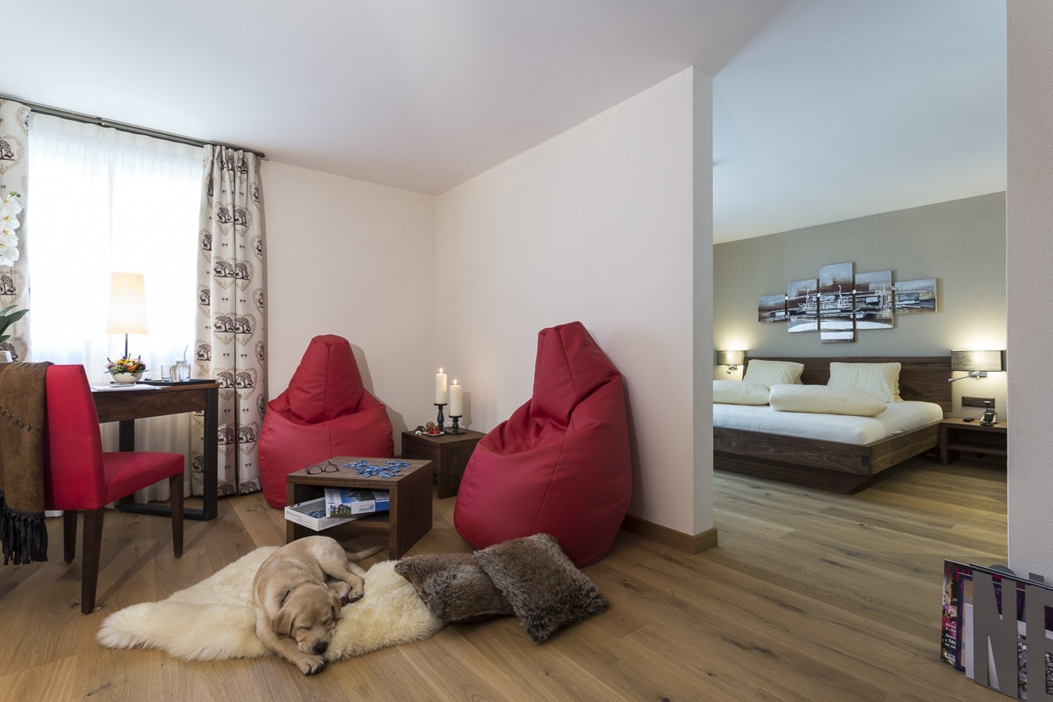 A cozy room with a wooden floor, a red chair, a red bean bag, a dog resting on a fur rug, a small table with a lamp, and a bed with a nightstand.