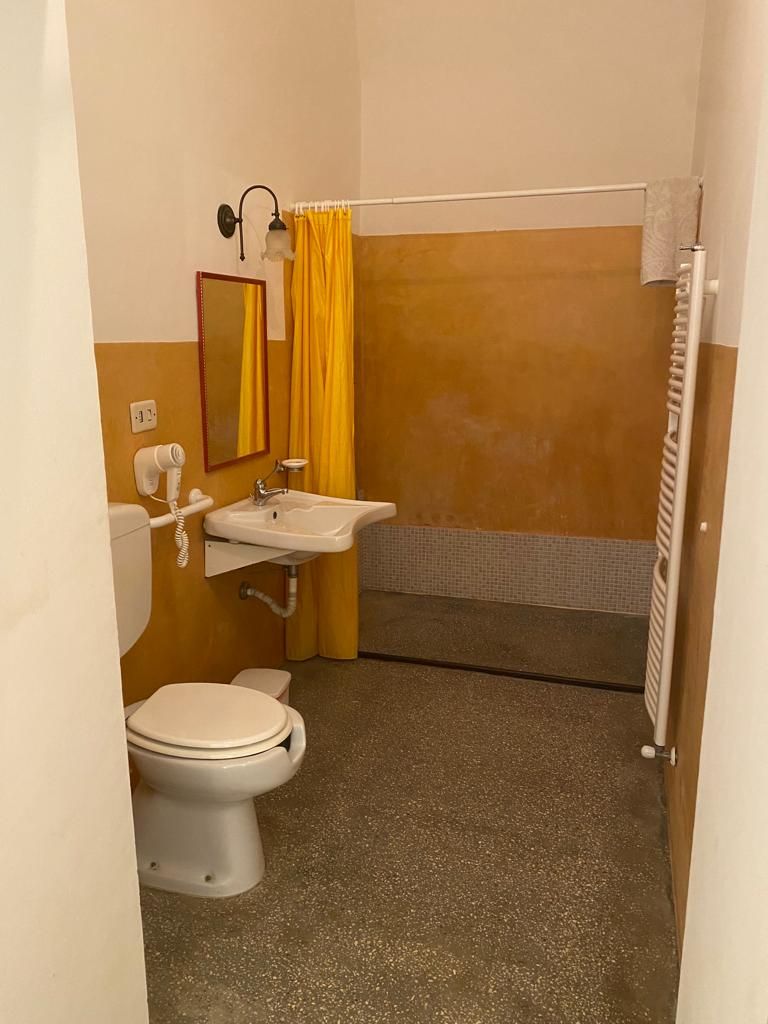 Un baño pequeño con inodoro, lavamanos y zona de ducha.