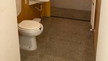 Un baño pequeño con inodoro, lavamanos y zona de ducha.