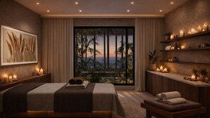 A modern bedroom with a large bed, a bedside table with candles, a view of palm trees and the ocean through floor-to-ceiling windows, and a wooden bench with towels. - Fun Sun Smart Akman Beach - All inclusive (Kemer)