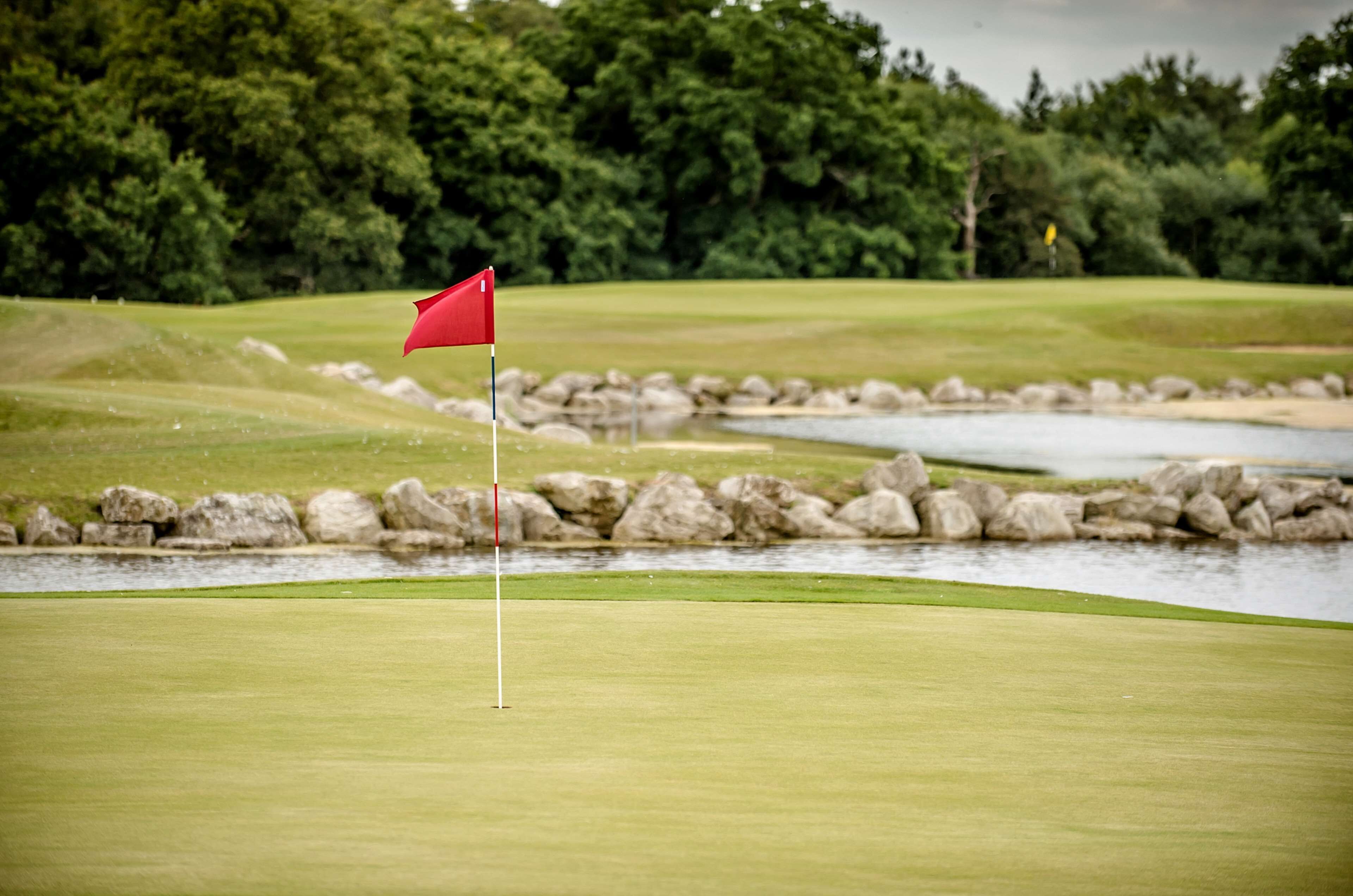 A golf course with a red flag on the green, a water hazard, and a stone wall.