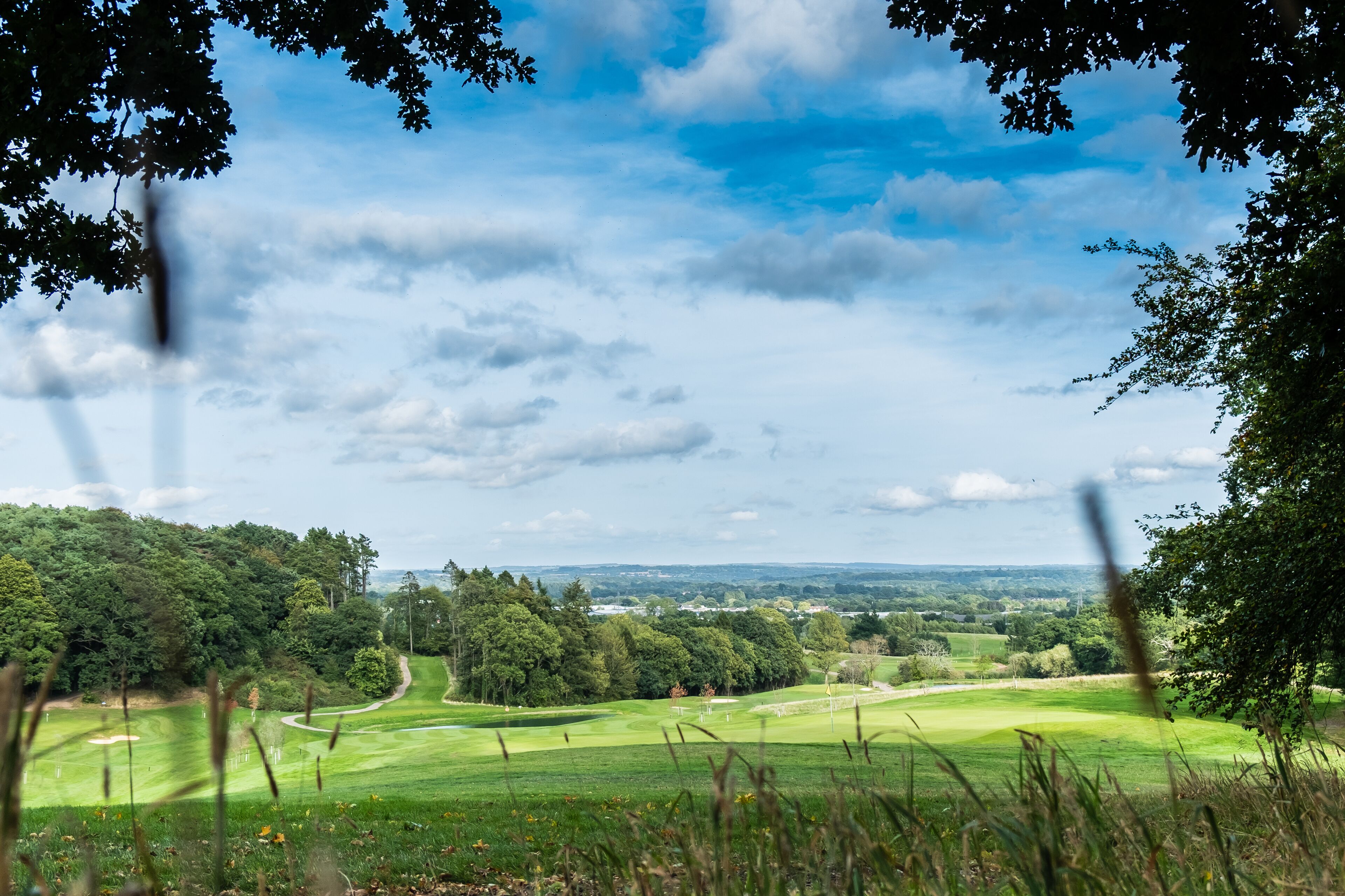 A golf course with a clear path, surrounded by trees and a distant view of a town.