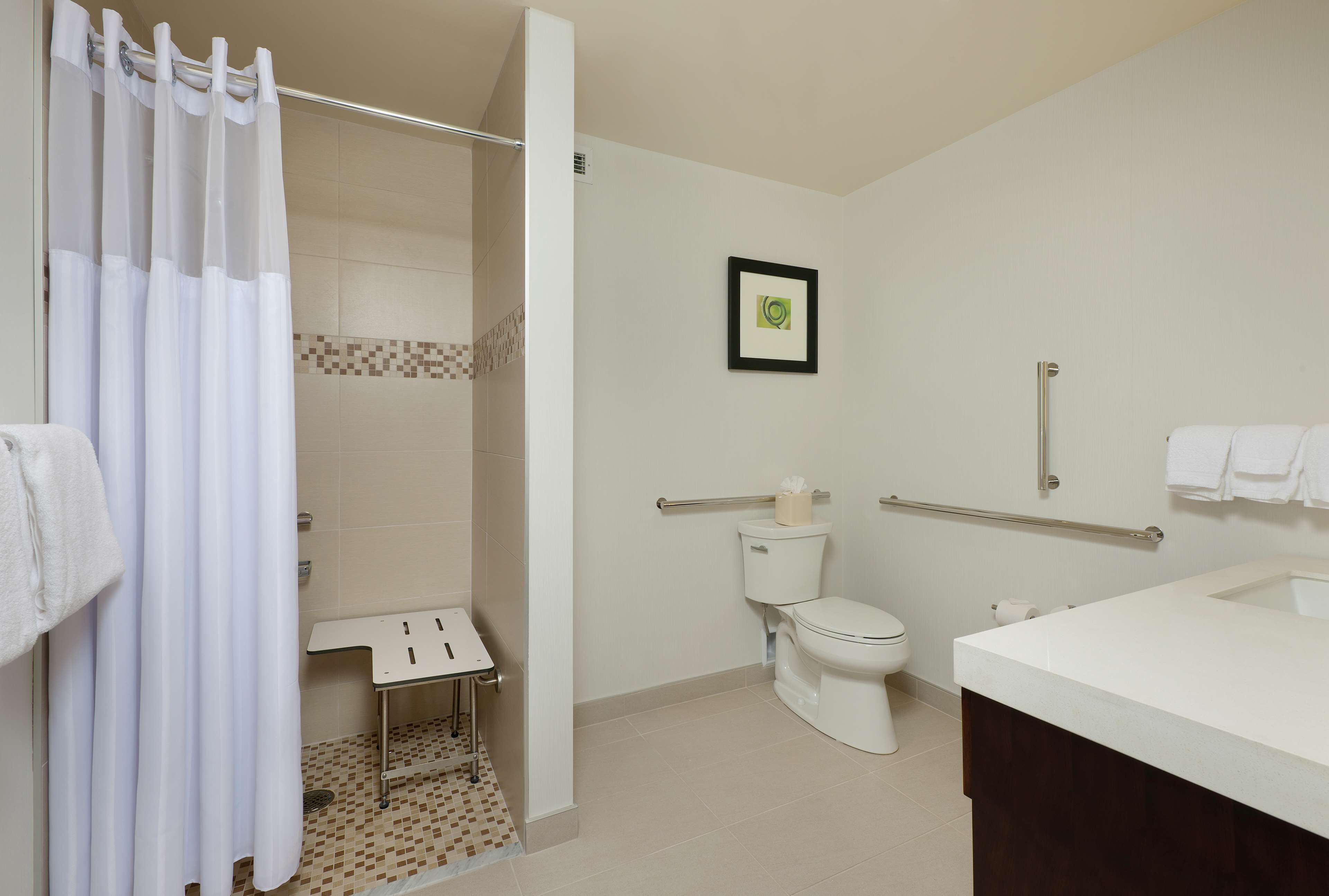 A bathroom with a shower, toilet, and sink.