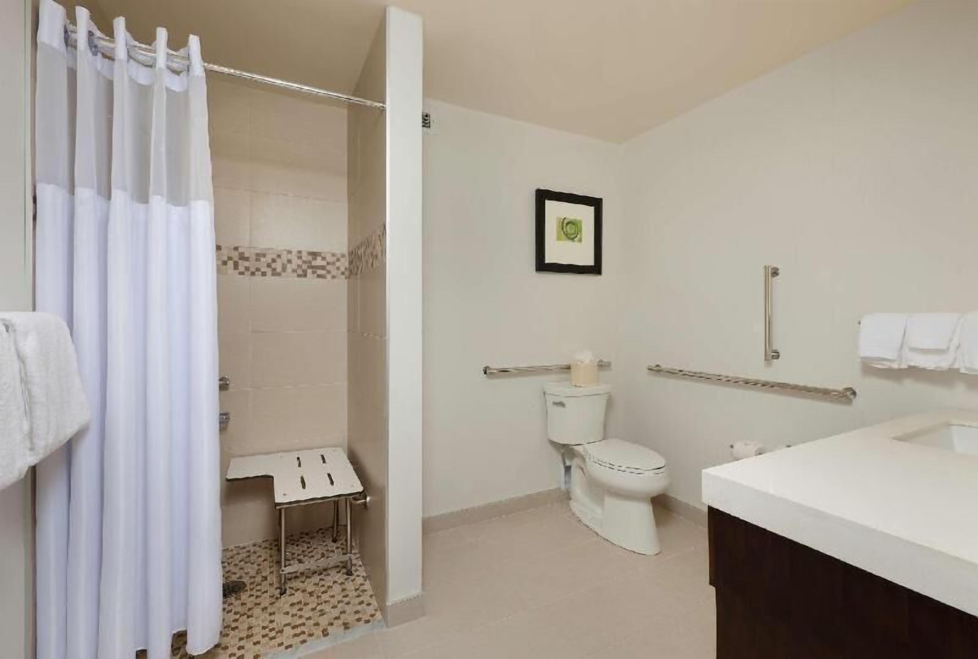 A bathroom with a shower, toilet, and sink.