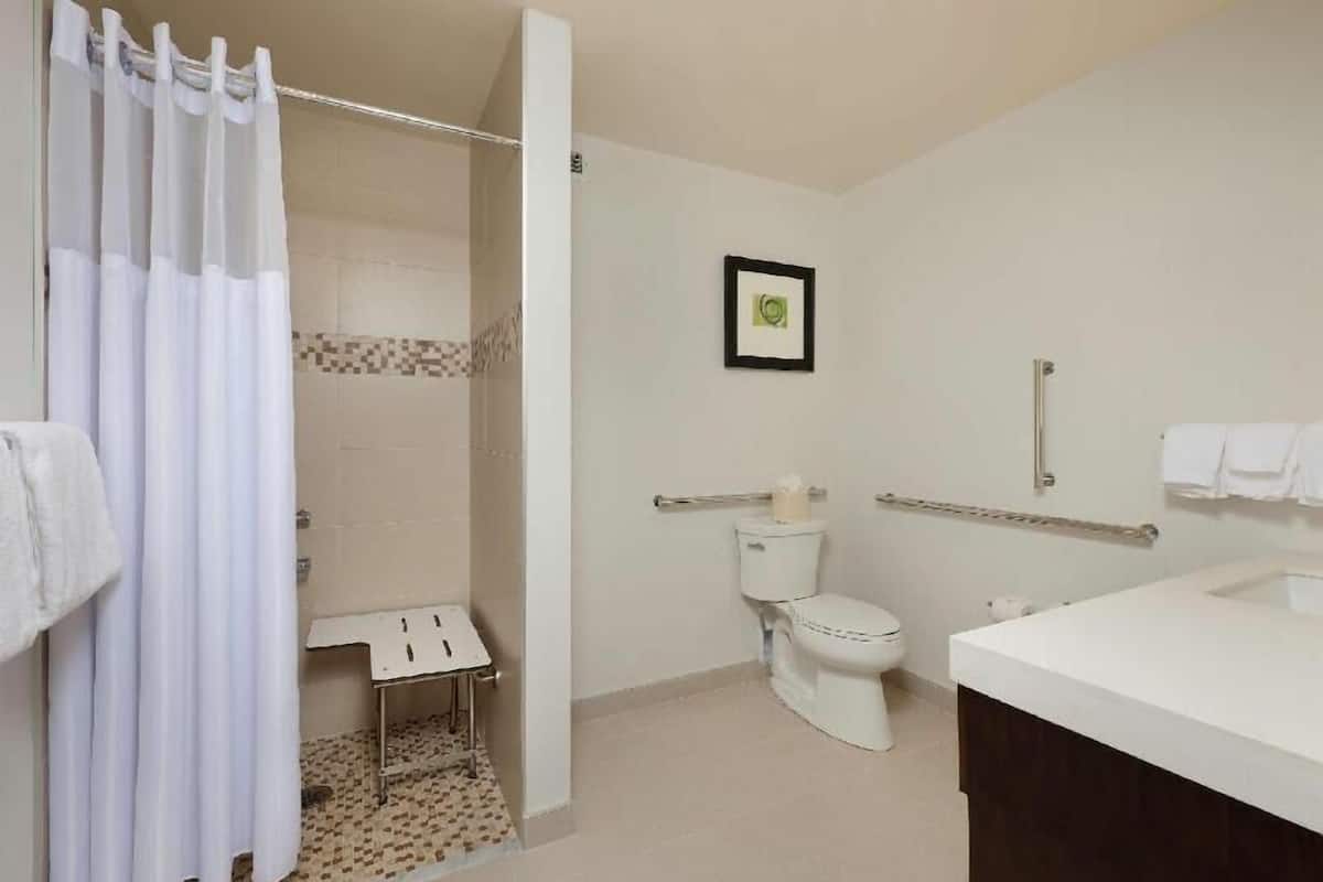 Baño con ducha, inodoro y lavamanos.