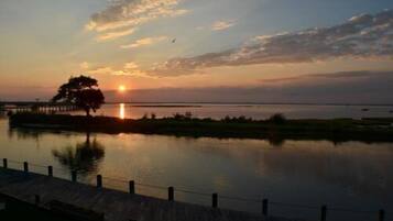 A sunset over a calm body of water with a dock and a tree in the foreground.