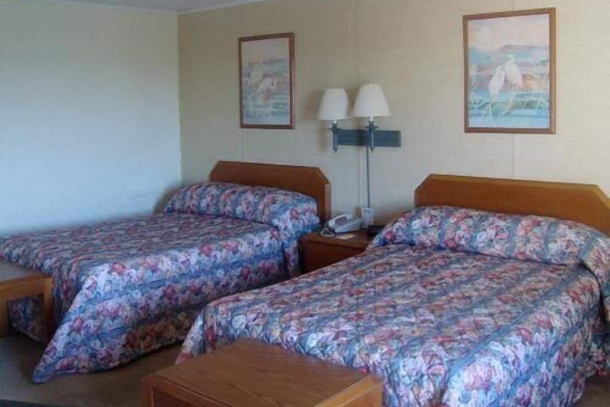 Quarto de hotel com duas camas, uma mesa de cabeceira com abajur e duas molduras na parede.