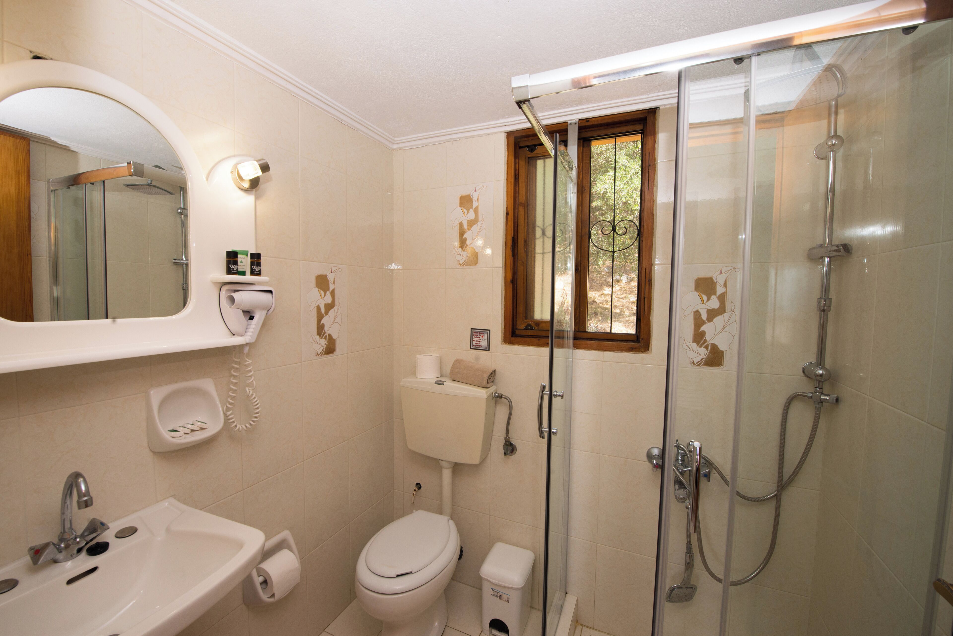 Une salle de bain équipée d’un lavabo, de toilettes et d’une douche à parois de verre.