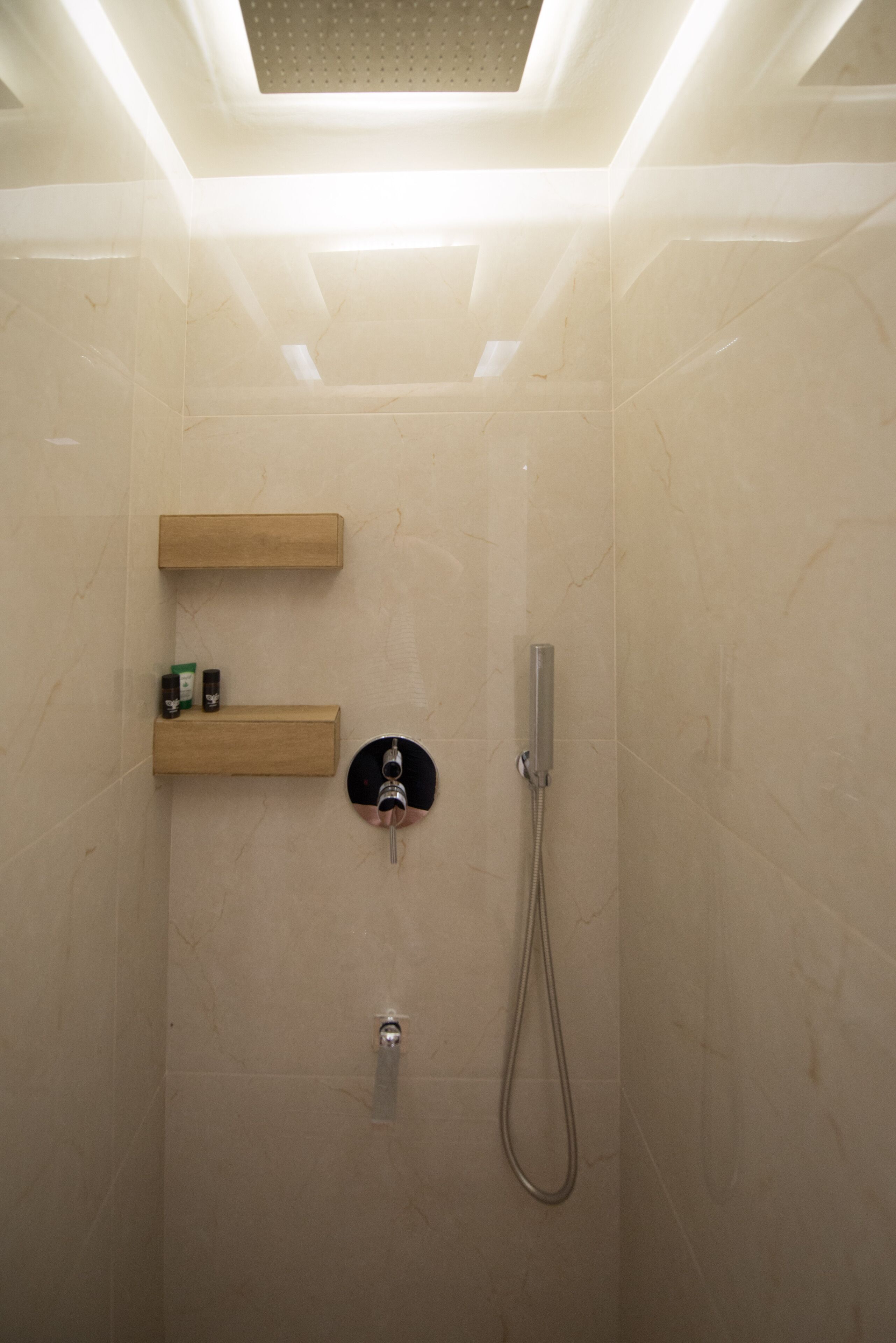 A modern shower with a handheld showerhead, a wall-mounted faucet, and two wooden shelves with toiletries.