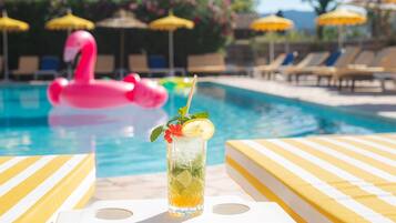 Outdoor pool, pool umbrellas, pool loungers