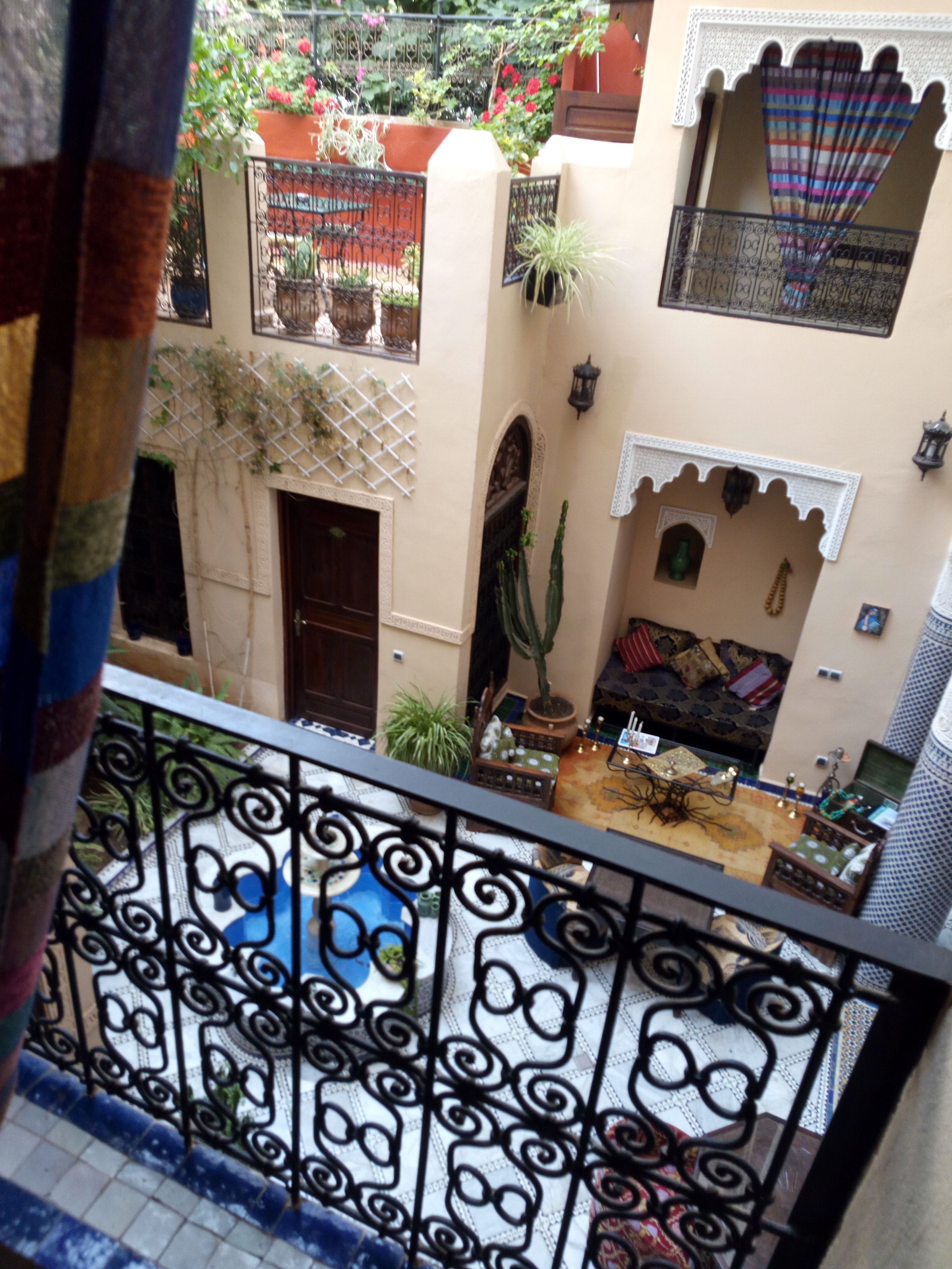 Une cour avec un sol carrelé, un canapé, une table et des plantes en pot.