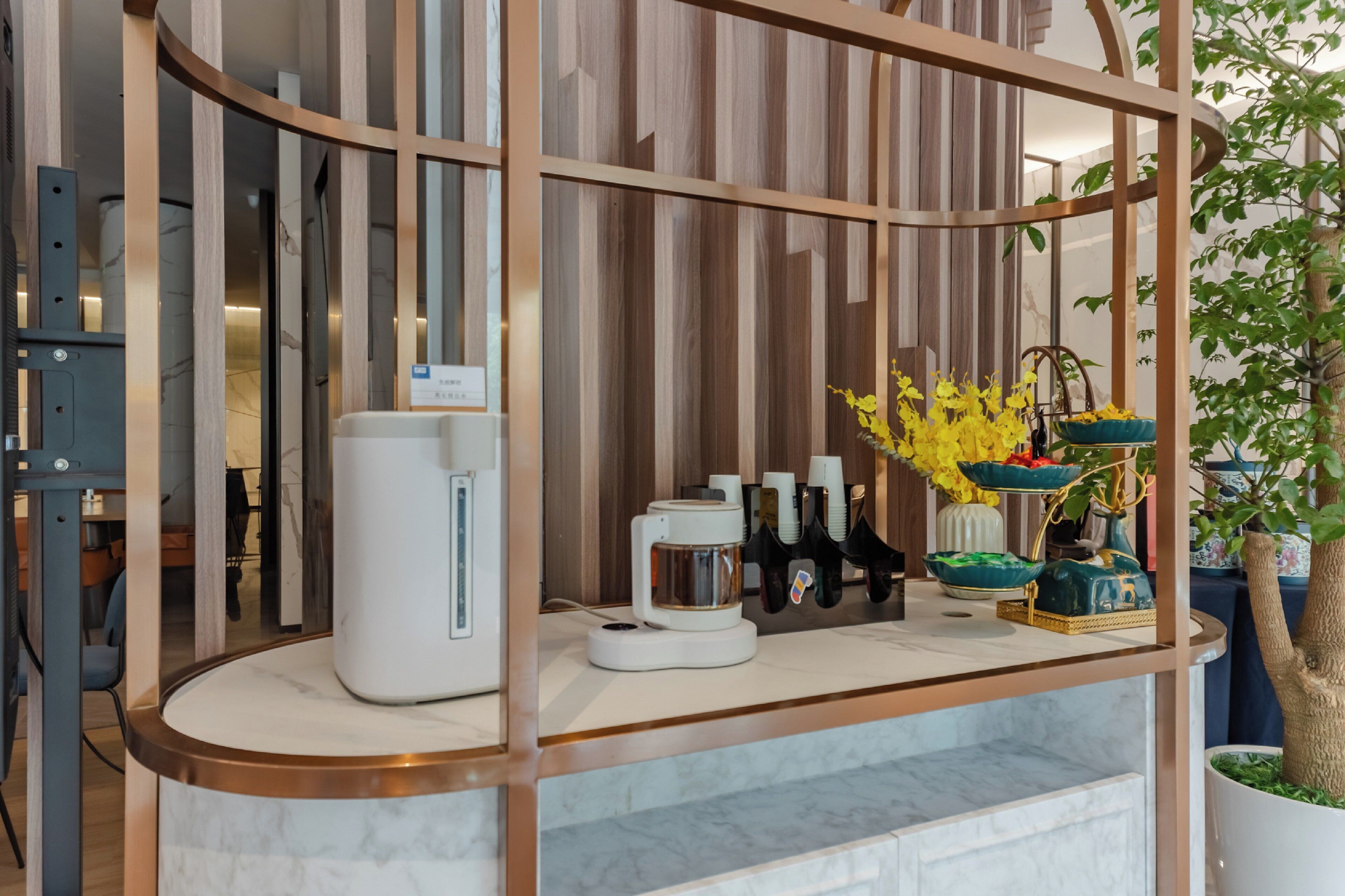A modern kitchen with a marble countertop, a coffee machine, and a decorative plant arrangement.