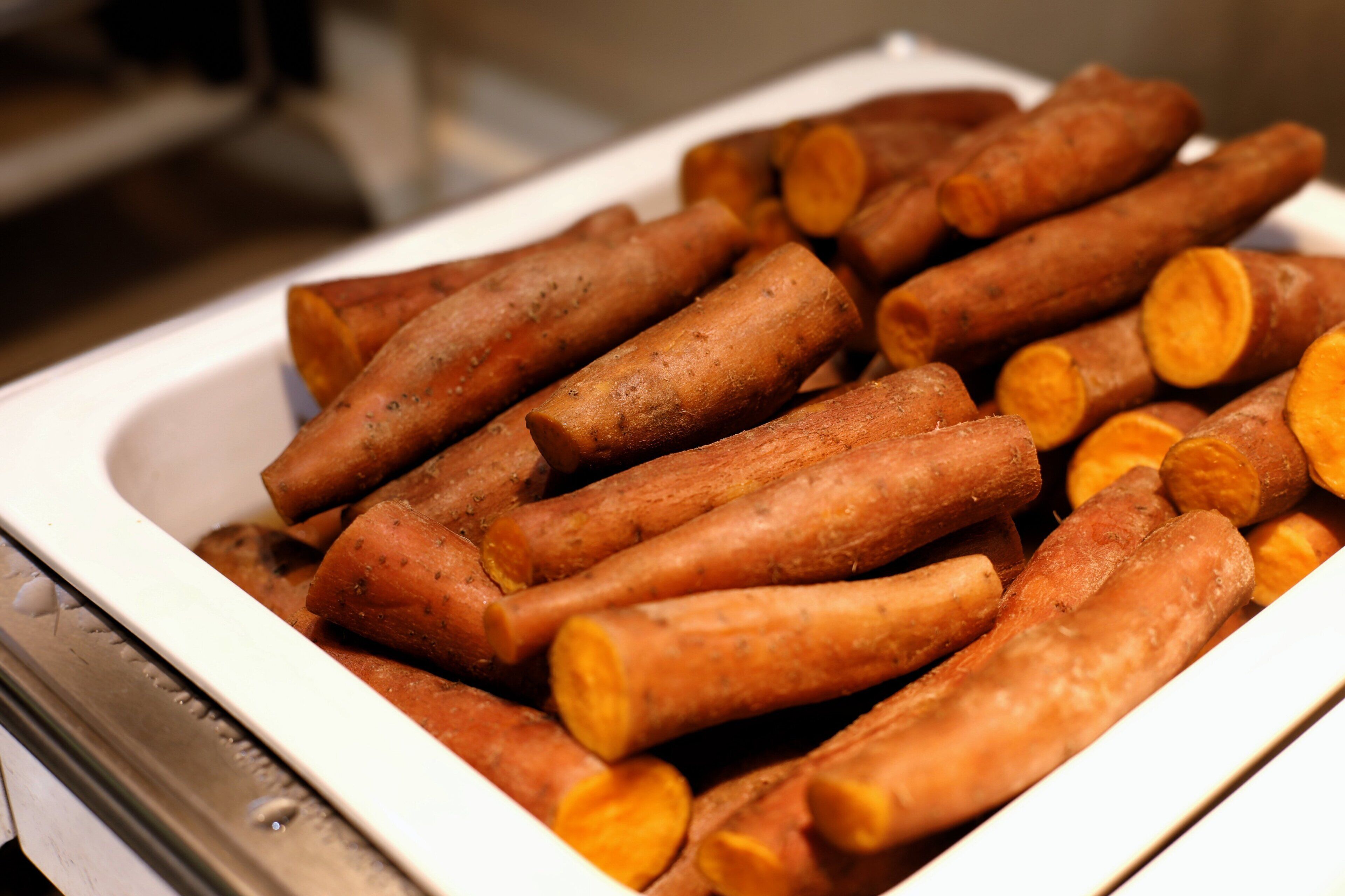 A tray of roasted sweet potatoes.