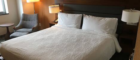 A hotel room with a large bed, a chair, a nightstand with a lamp, and artwork on the wall.