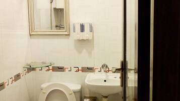 Een douche, een haardroger, pantoffels, handdoeken