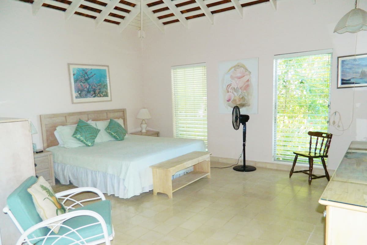 A bedroom with a bed, a chair, a desk, and a fan.