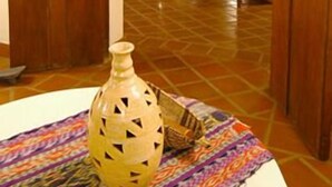 Un pasillo interior con puertas de madera y suelo de baldosas, que conduce a una habitación con techo de azulejos y una planta a la vista.